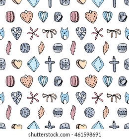 Seamless jewellery pattern with charms, beads, rings. Endless texture, white,black,pink and blue color.