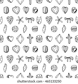 Seamless jewellery pattern with charms, beads, rings. Endless texture, white,black, monochrome