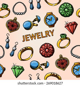 Seamless jewelry handdrawn pattern with- rings, diamonds, watch, earrings, pendant, cuff links, necklace. Vector