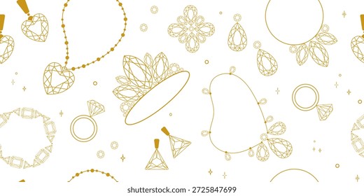 Padrão de joias sem costura com linha de ouro Arte elegante joias elementos anéis, colares, diamantes, brincos e pingentes para embalagem, papel de embrulho, tecido, marca, design de moda. Vetor 