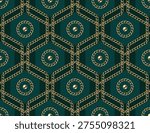 Seamless jewelry pattern with golden chains arranged in geometric grid with overlapped hexagons. Dark green background. Classic elegance design for luxury packaging, fashion background,