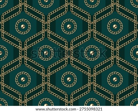 Seamless jewelry pattern with golden chains arranged in geometric grid with overlapped hexagons. Dark green background. Classic elegance design for luxury packaging, fashion background,