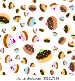 Seamless jewish pattern with colorful sufganiots for Festival of Lights, Feast of Dedication Hanukkah on white background. Vector illustration