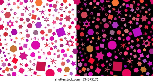 Seamless jewish patterns with violet purple elements for Festival of Lights, Feast of Dedication Hanukkah in two variants on white and black background. Vector illustration