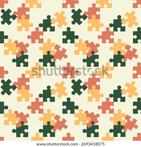 Seamless jigsaw puzzle pattern in warm retro tones of orange, mustard, and forest green. This cozy geometric design is perfect for fabric prints, kids’ decor, stationery, wrapping paper,