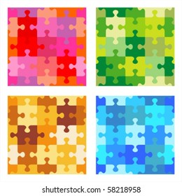 Seamless jigsaw puzzle vector patterns - red, green, tan and brown, blue ( for high res JPEG or TIFF see image 58218955 )