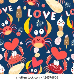 Seamless jolly pattern with crabs in love on a dark background
