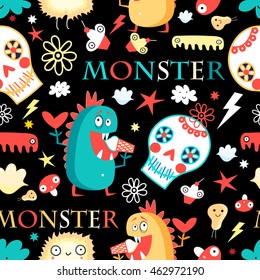 Seamless jolly pattern with monsters and skulls on a dark background