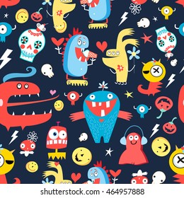 Seamless jolly pattern with monsters and skulls on a dark background