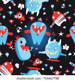 Seamless jolly pattern with monsters and skulls on a dark background