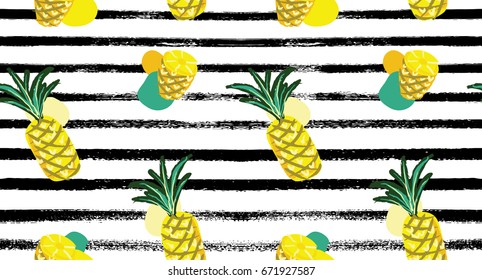 Seamless jolly vector summer pattern with whole and cut pineapples and green, yellow, orange circles on black and white sailor stripes. Hand drawn cute textile background. Cartoon children's design.