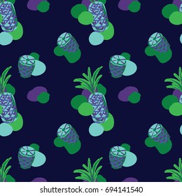 Seamless jolly vector summer pattern with whole and cut pineapples and green, yellow, orange circles on blue. Hand drawn cute nice funny textile or paper background. Cartoon style, children's design.