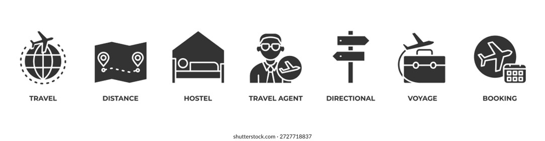 Nahtlose Reisen Symbole setzen Vektorgrafik Glyphe mit Reisen, Entfernung, Herberge, Reisebüro, Richtung, Reise, Buchung