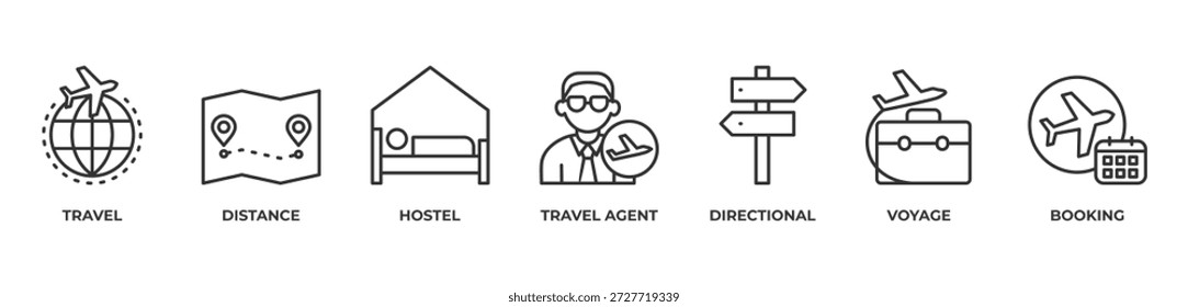 Diários sem emenda Ícones definir o contorno da ilustração do vetor com Viagem, Distância, Hostel, agente de viagem, Direcional, Viagem, Reserva
