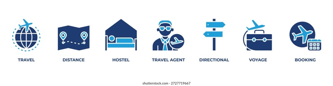 Diário sem emenda Ícones definir ilustração vetorial azul com Viagem, Distância, Hostel, agente de viagens, Direcional, Viagem, Reserva