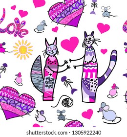 Seamless joyful, bright, colorful background. Lovers cat and cat look at each other and smile. Heart, mouse, kitty, kitty, sunshine. Vector. Nice illustration. Patterned background.