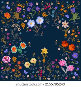 Impresionante patrón floral alegre con mariposas azules sobre un fondo negro en vector. Imprimir para pañuelo, pañuelo, servilleta, vestido, papel pintado, almohada.