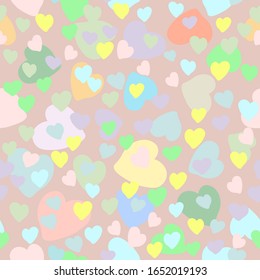 Seamless joyful pattern with multicolored hearts in cartoon style. Vector illustration for cards, invitations, valentines, wallpaper, scrapbook, baby products, textiles, poster, fabric, decor, print