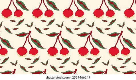Seamless juicy red cherries pattern. Ripe cherry and bunches of cherry.