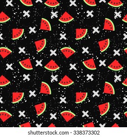 Seamless juicy whole watermelon and slices pattern with crosses and spots on the black background