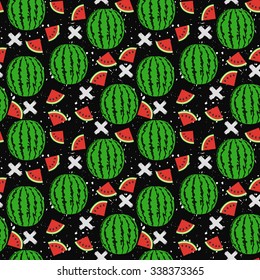 Seamless juicy whole watermelon and slices pattern with crosses and spots on the black background