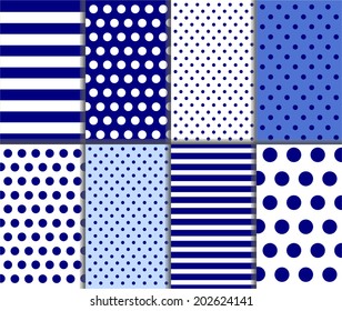 Seamless jumbo and small polka dot and diagonal stripes patterns in light and dark blue and white color. For abstract wallpaper decoration or scrapbook Vector art background with lines, stars and dots
