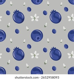 Seamless Juneberry pattern with white flowers on a grey background, Shadberry floral vector repeat for packaging and fabric