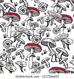 Seamless jungle background with mushrooms and floral elements. Creative autumn texture for fabric, packaging, textiles, wallpaper, clothing. Vector illustration. Retro, engraving.
