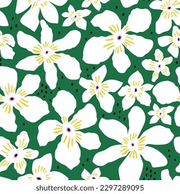 Seamless jungle floral pattern. Hand drawn white tropical flowers on green. Vector texture for fabric, textile, wallpaper.