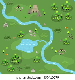 Seamless jungle map in flat style, depicting a jungle area crossed by river and some settlements around, with big ancient temple in the north, animals, and dense jungle area everywhere.