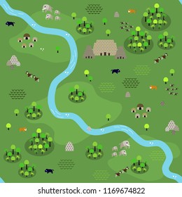 Seamless jungle map pattern in a very simple flat style, complete with its animals, plants, and local settlement. This variant (Variant A) is combinable with map in the same series.