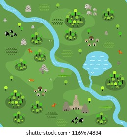 Seamless jungle map pattern in a very simple flat style, complete with its animals, plants, and local settlement. This variant (Variant C) is combinable with map in the same series.