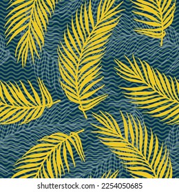 Seamless jungle palm leaves vector pattern. Botanical elements over waves texture background. Bright palm tree leaves wallpaper. Herbarium leaves greenery pattern. Botany decorative print
