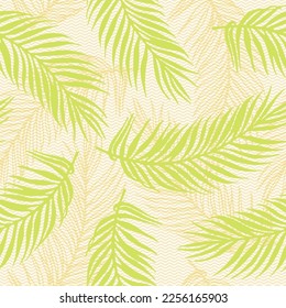 Seamless jungle palm leaves vector pattern. Botanical design over waves texture backdrop. Bright palm tree branches print. Big leaves greenery design. Contrast foliage wrapper.