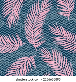 Seamless jungle palm leaves vector pattern. Floral elements over waves texture background. Organic palm tree branches print. Herbarium leaves nature pattern. Royal palm fabric print.
