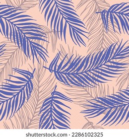 Seamless jungle palm leaves vector pattern. Floral elements over waves texture backdrop. Trendy palm tree branches print. Herbarium leaves nature design. Travel poster background.