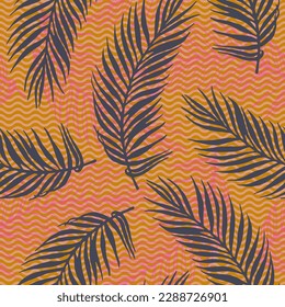 Patrón vectorial de hojas de palma de jungla sin selva. Diseño floral sobre fondo de textura de olas. Hermosas hojas de palmera impresas. Patrón de vegetación de hojas grandes. Antecedentes del afiche de viajes.