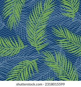 Seamless jungle palm leaves vector pattern. Floral elements over waves texture background. Trendy palm tree branches illustration. Plant leaves greenery design. Botany decorative print