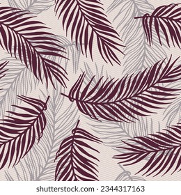 Seamless jungle palm leaves vector pattern. Floral design over waves texture background. Elegant palm tree branches wallpaper. Herbarium leaves nature design. Rainforest background.