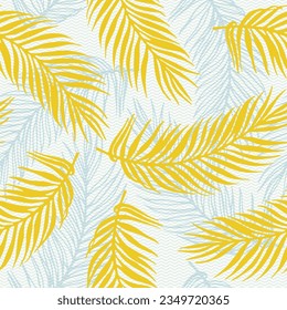 Seamless jungle palm leaves vector pattern. Botanical elements over waves texture background. Organic palm tree branches wallpaper. Big leaves greenery design. Royal palm fabric print.