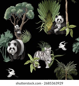 Seamless Jungle Panda Pattern Featuring Tropical Foliage and Exotic Wildlife Illustration Art.