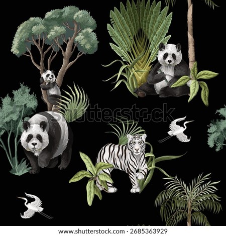 Seamless Jungle Panda Pattern Featuring Tropical Foliage and Exotic Wildlife Illustration Art.