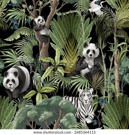 Seamless Jungle Panda Pattern Featuring Tropical Foliage and Exotic Wildlife Illustration Art.
