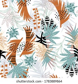 Seamless jungle pattern with abstract hand drawn palm leaves and jungle floral. Perfect for fabric,textile. Creative Vector background