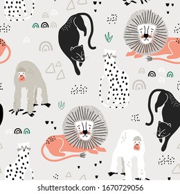 Seamless jungle pattern with african animals, panther, lion, orangutan, cheetah and hand drawn textures. Perfect for fabric,textile. Creative Vector background