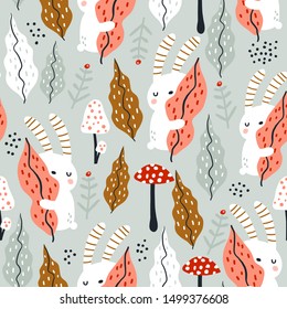 Seamless jungle pattern with bunny, mushrooms and floral elements. Creative autumn texture for fabric, wrapping, textile, wallpaper, apparel. Vector illustration