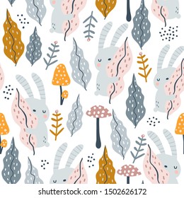 Seamless jungle pattern with bunny, mushrooms and floral elements. Creative autumn texture for fabric, wrapping, textile, wallpaper, apparel. Vector illustration