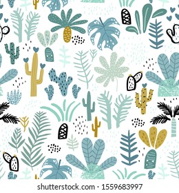 Seamless jungle pattern with cactuses, branches, palm leaves. Creative floral texture. Great for fabric, textile Vector Illustration