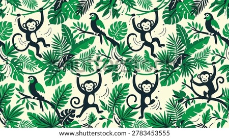 Seamless Jungle Pattern with Cartoon Monkeys Swinging on Vines and Parrots Perched on Tropical Leaves and Branches