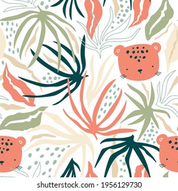 Seamless jungle pattern with cheetah, branches, palm leaves. Creative floral texture. Great for fabric, texture Vector Illustration